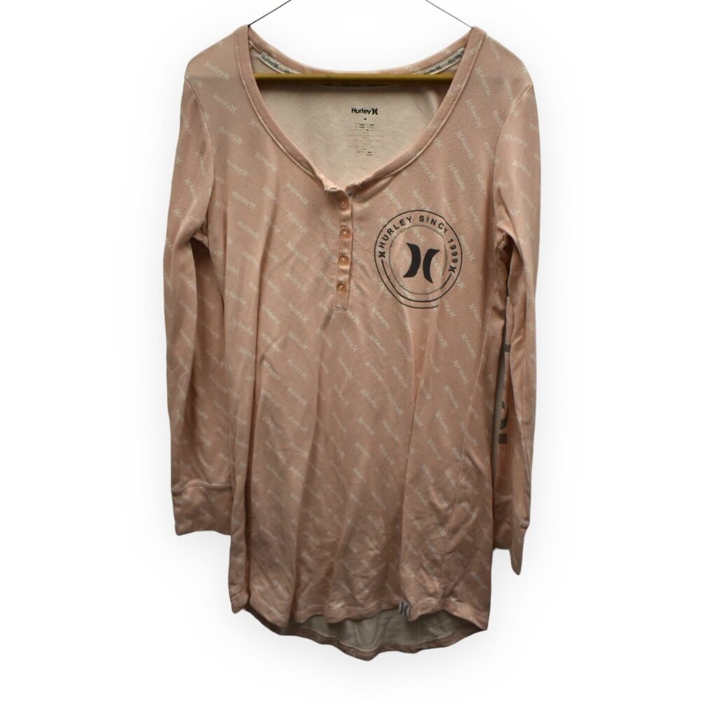 Hurley Shirt M Womens Pink Printed Henley Long Sleeve Polyester Blend